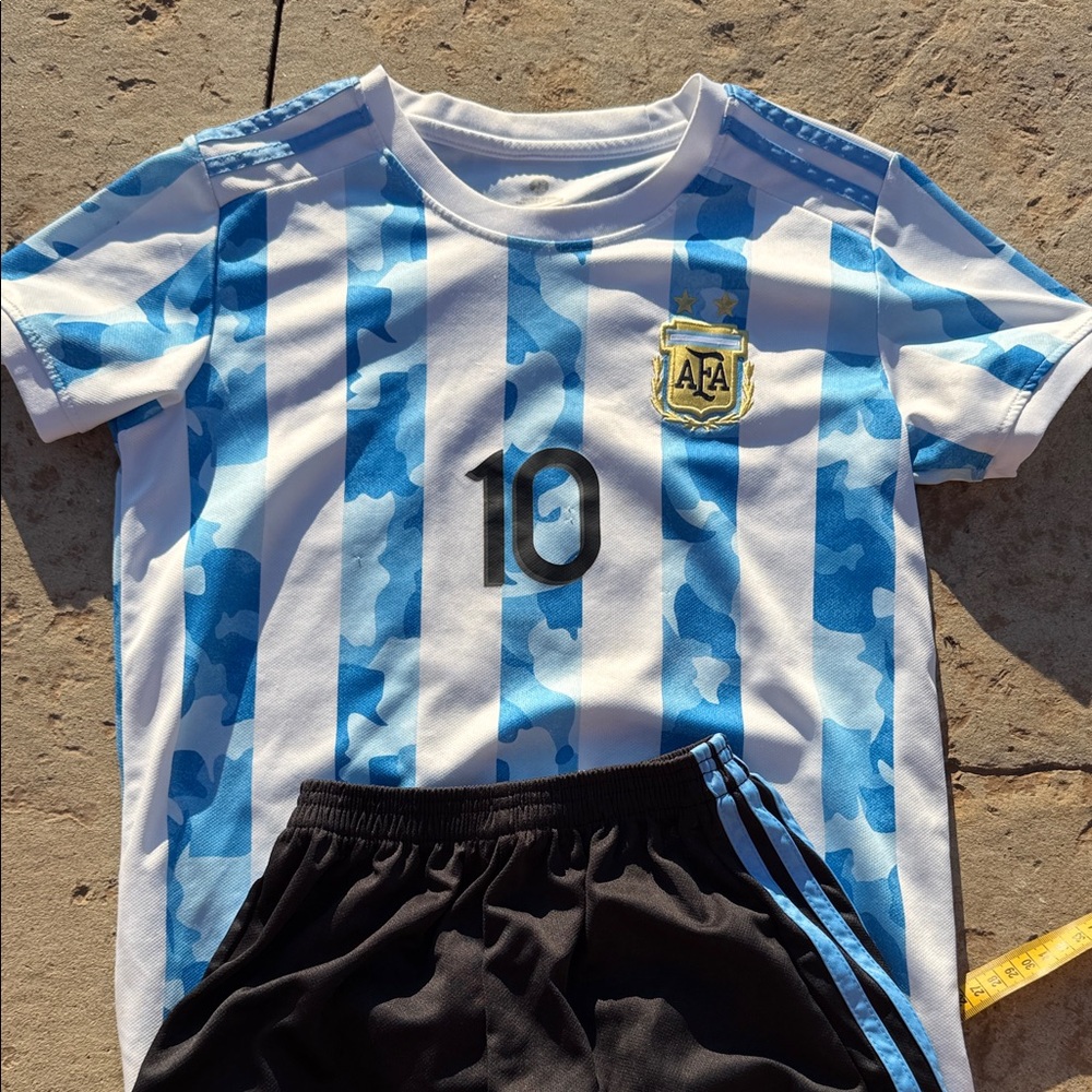 FA Blue & White Striped Kids Jersey with Black Number 10. Messi